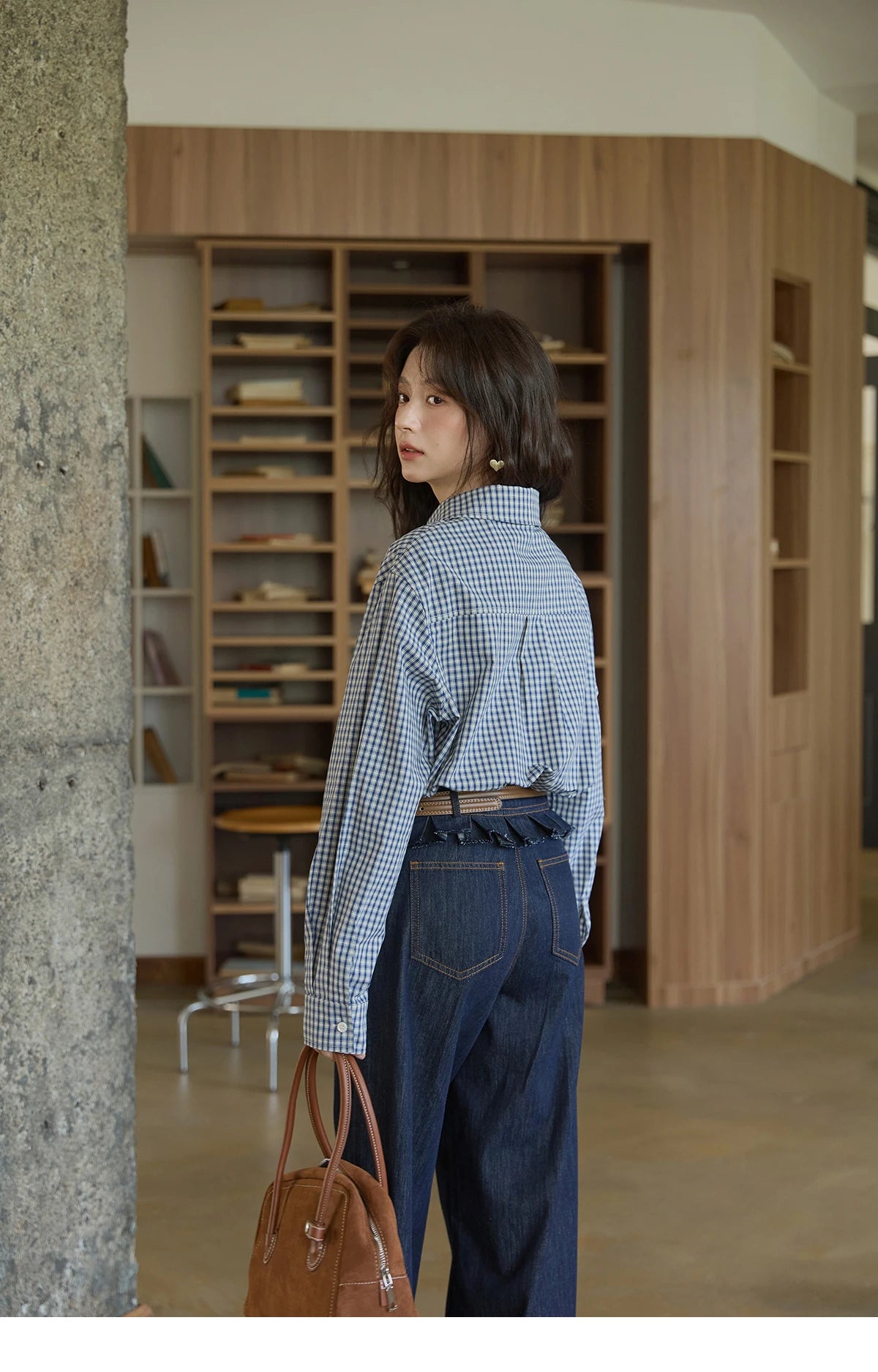 MISHOW Autumn Blue Plaid 100 Cotton Shirts 2025 Doll Collar Dropped Shoulder Sleeves Casual Top Retro Commuter Shirt MXE44C2391