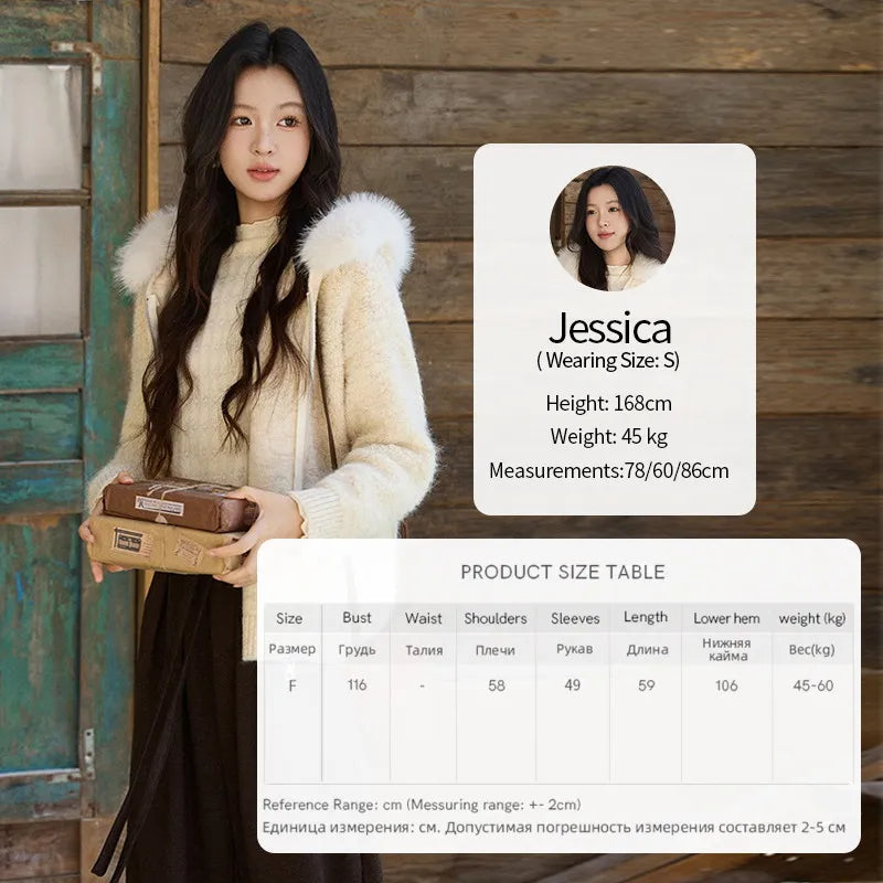 MISHOW Women's Beige White Cardigan Winter Fur Hood Zipper Warm Loose Outerwear Towel Embroidered Knitted Cardigan MXE94Z2963