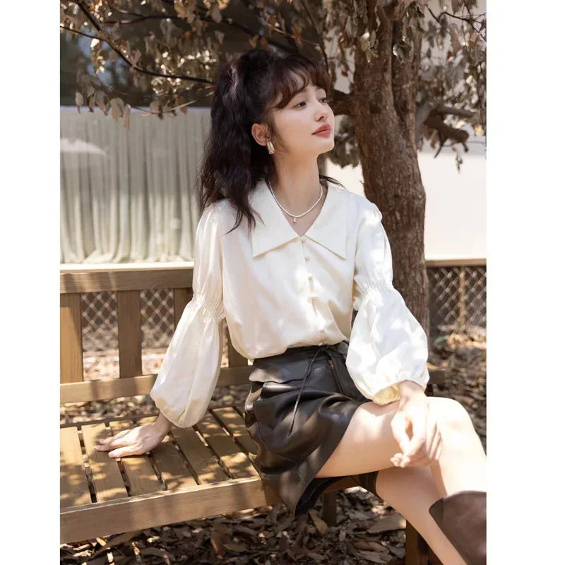 MISHOW Elegant Women's Blouse Autumn Vintage French Lantern Sleeves Turndown Collar Shirt Office Lady Female Clothing MXB32C0508