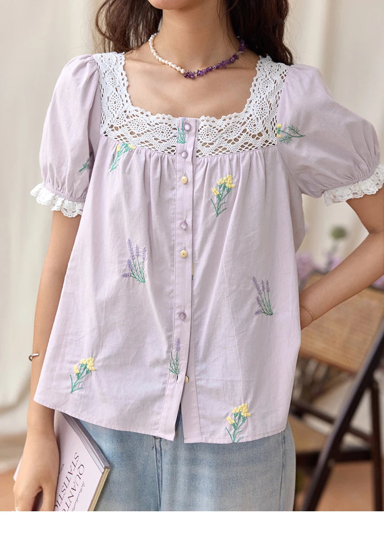 MISHOW Women's Lace Patchwork Embroidered Blouses 2025 Summer Korean Elegant Square Collar Blouse Short Sleeved Tops MXE36X1830