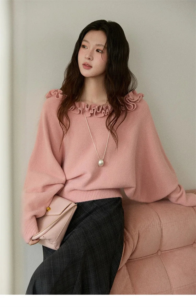 MISHOW Pullovers Women 2025 French Style Orange Lotus Edge Crew Neck Lantern Sleeves Top Slim Luxury Women's Sweaters MXE86Z2726