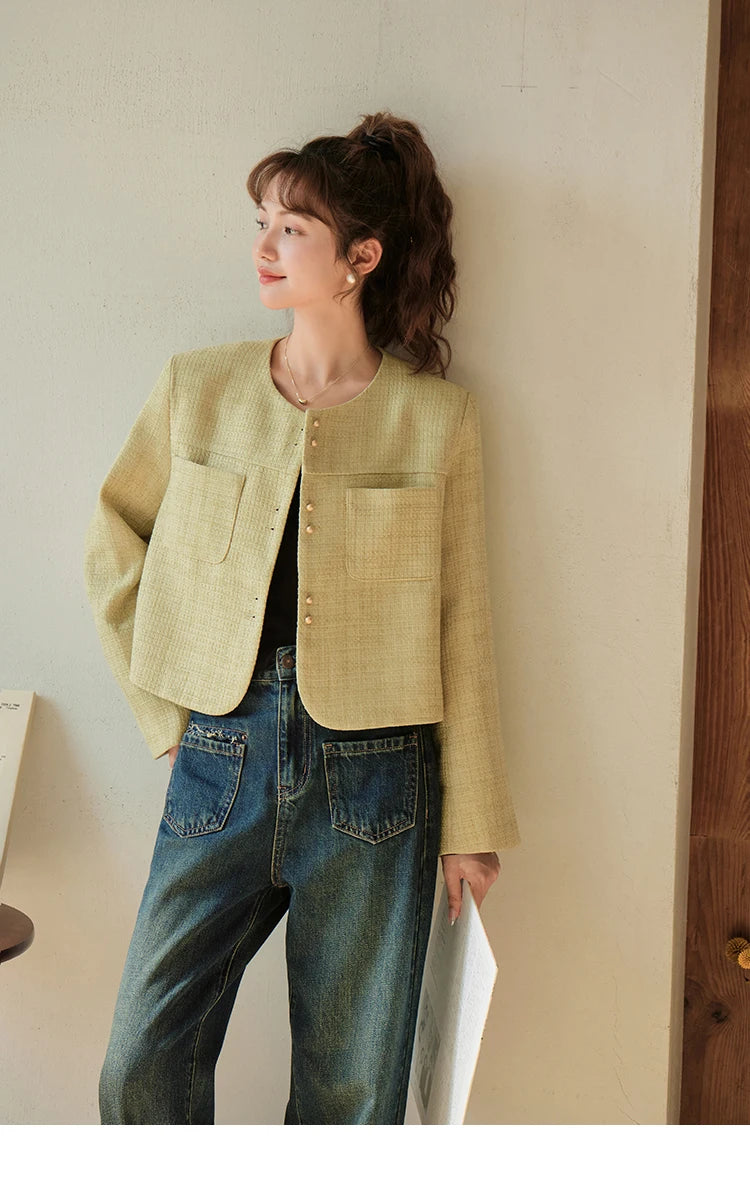 MISHOW Retro Round Neck Coats for Women Spring Autumn Pockets Loose Gold Button Single Breasted Solid Short Jackets MXC44W0072