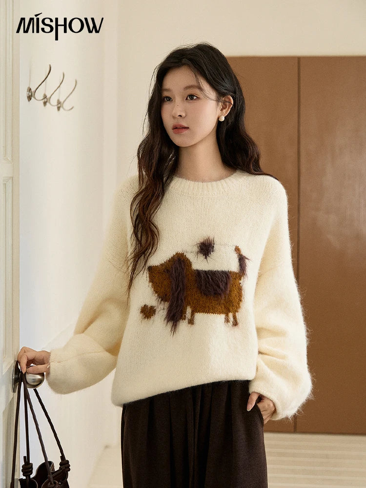 MISHOW Women's Solid Knitted Sweater 2025 Autumn Winter Dog Pattern Jacquard Crew Neck Fluffy Warm Loose Pullover Top MXE94Z2988