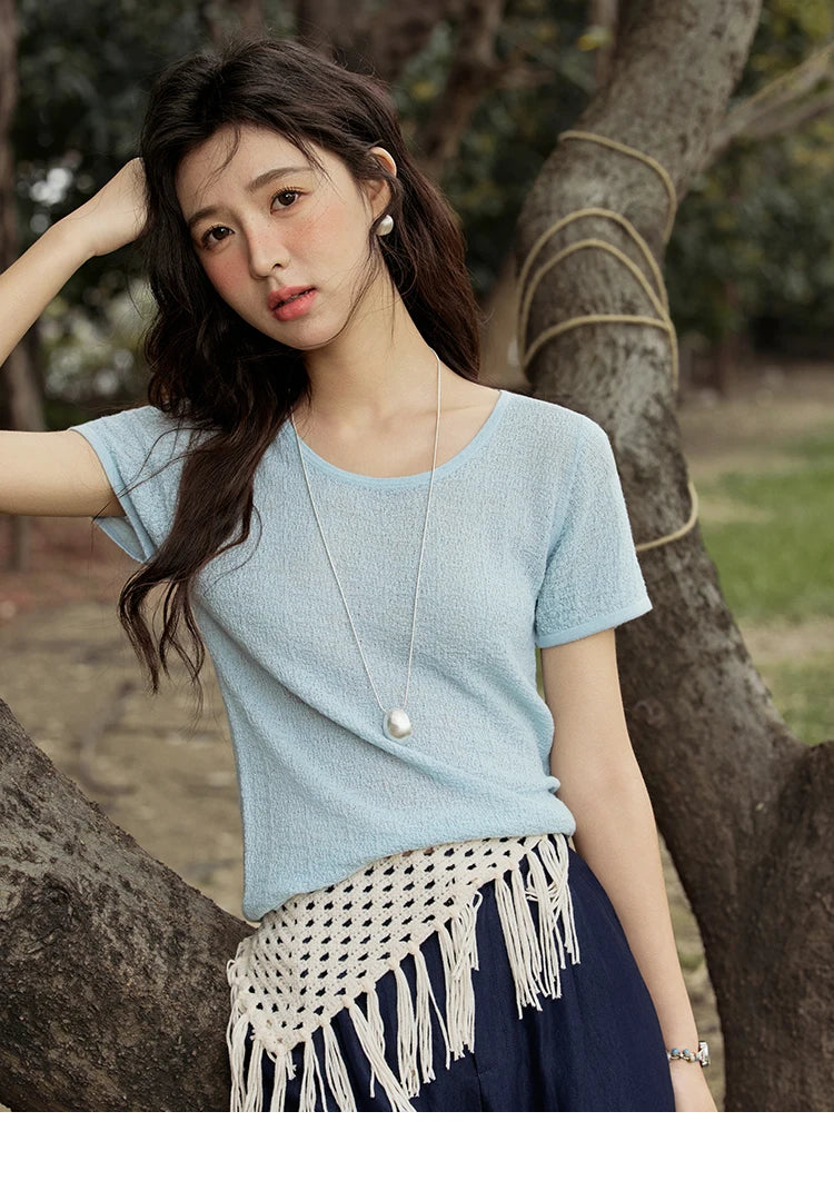 MISHOW Office Lady Women’s T-shirts Summer 2025 Short Sleeve Round Neck Solid Slimming Knitted Shirt Female Fashion MXE34Z1257