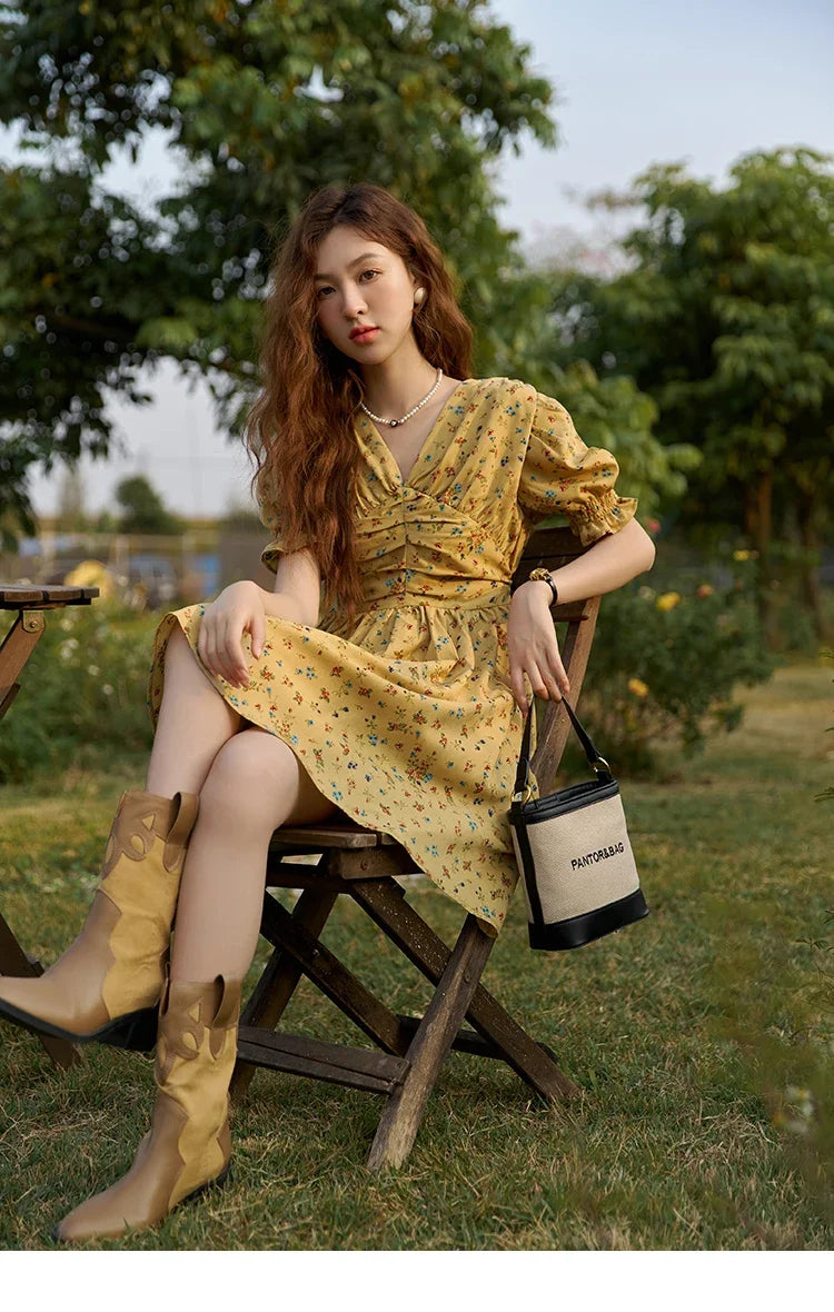 MISHOW Women's Retro Puff Sleeve Flower Dress 2025 Summer Waist Slim A-LINE V-Neck Shirring Female Ankle-Length Dress MXC33L1374