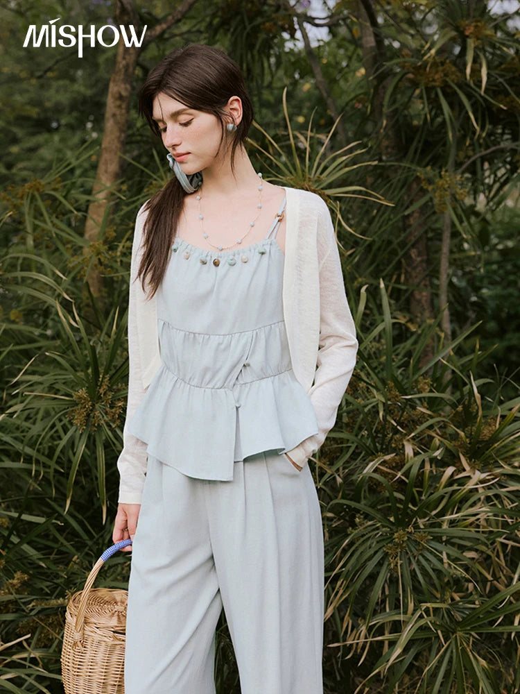 MISHWO Office Lady Summer Camisole Pant Sets for Women 2025 Solid Sleeveless Tops High Waist Loose Pants Female New MXE33T0547