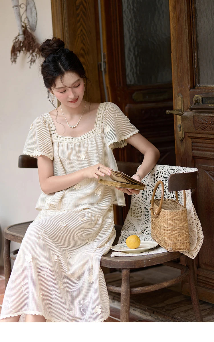 MISHOW Elegant Butterfly Flying Sleeve Blouses Elastic Waist Skirt Separately Summer Back Lace-up Top Midi Skirts MXD29X1559