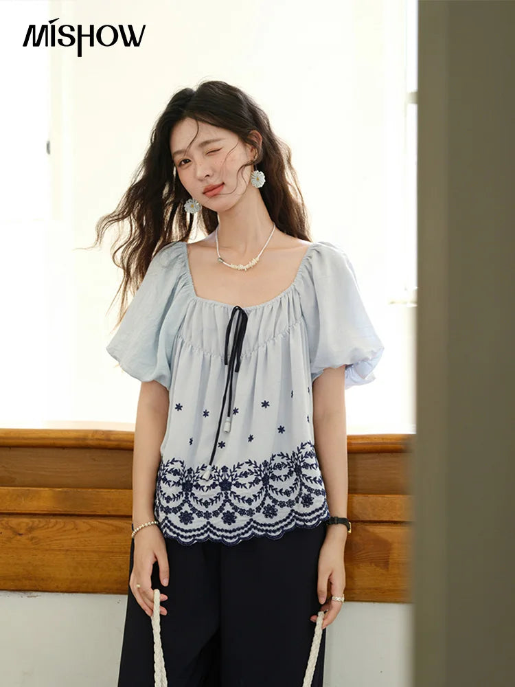 MISHOW Women's Summer Loose Print Blouse 2025 New Fashion Square Neck Lace Up Puff Sleeve Blue Blouse Female Clothing MXE36X1799