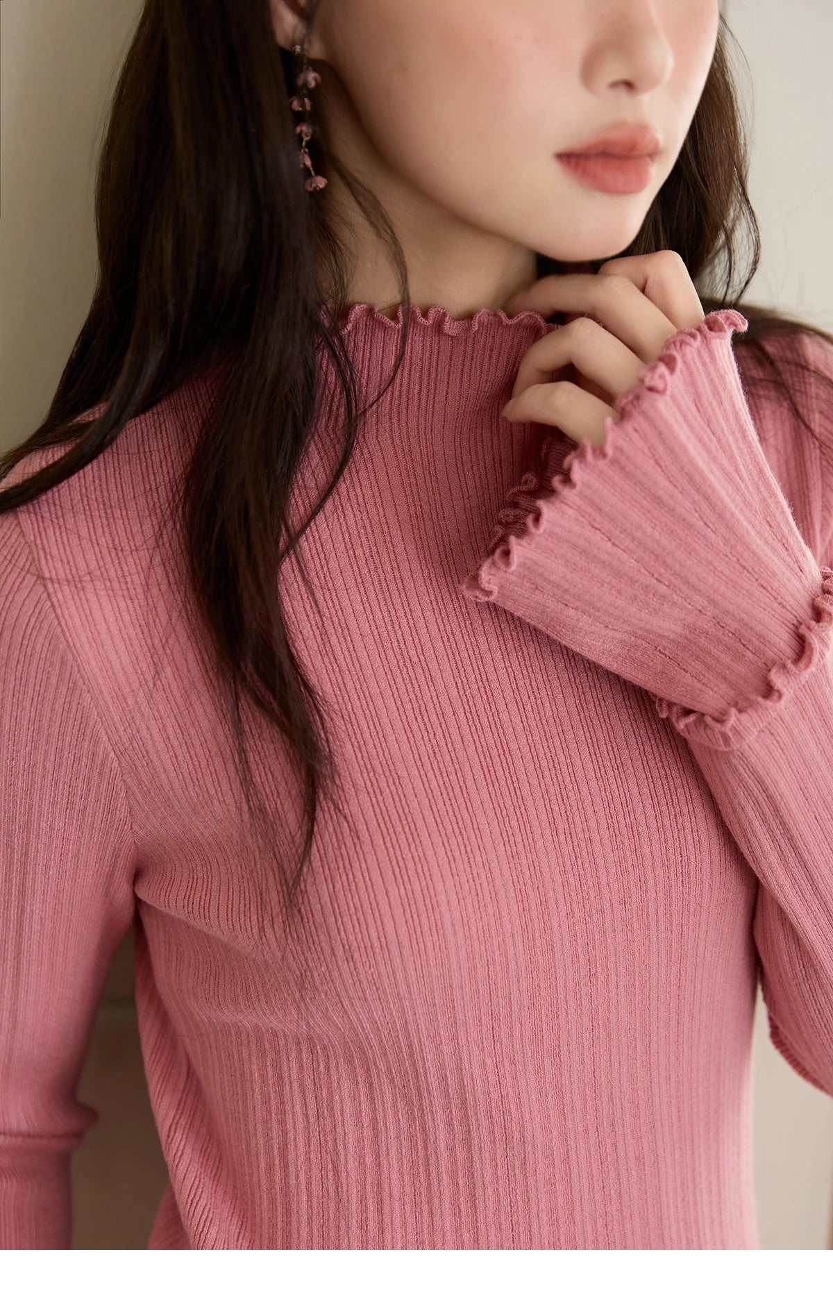 MISHOW Women's Long Sleeve Top 2025 Autumn New Casual Solid Turtleneck Slim Knit Wood Ear Edge Trumpet Sleeve Top MXE51Z2552