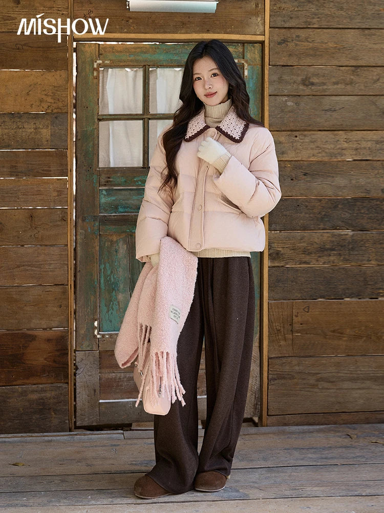 MISHOW Women's Sweet Knitted Lapel Collar Short Down Jacket 2025 Winter White Duck Down Single-Breasted Zipper Coat MXE94Y0094