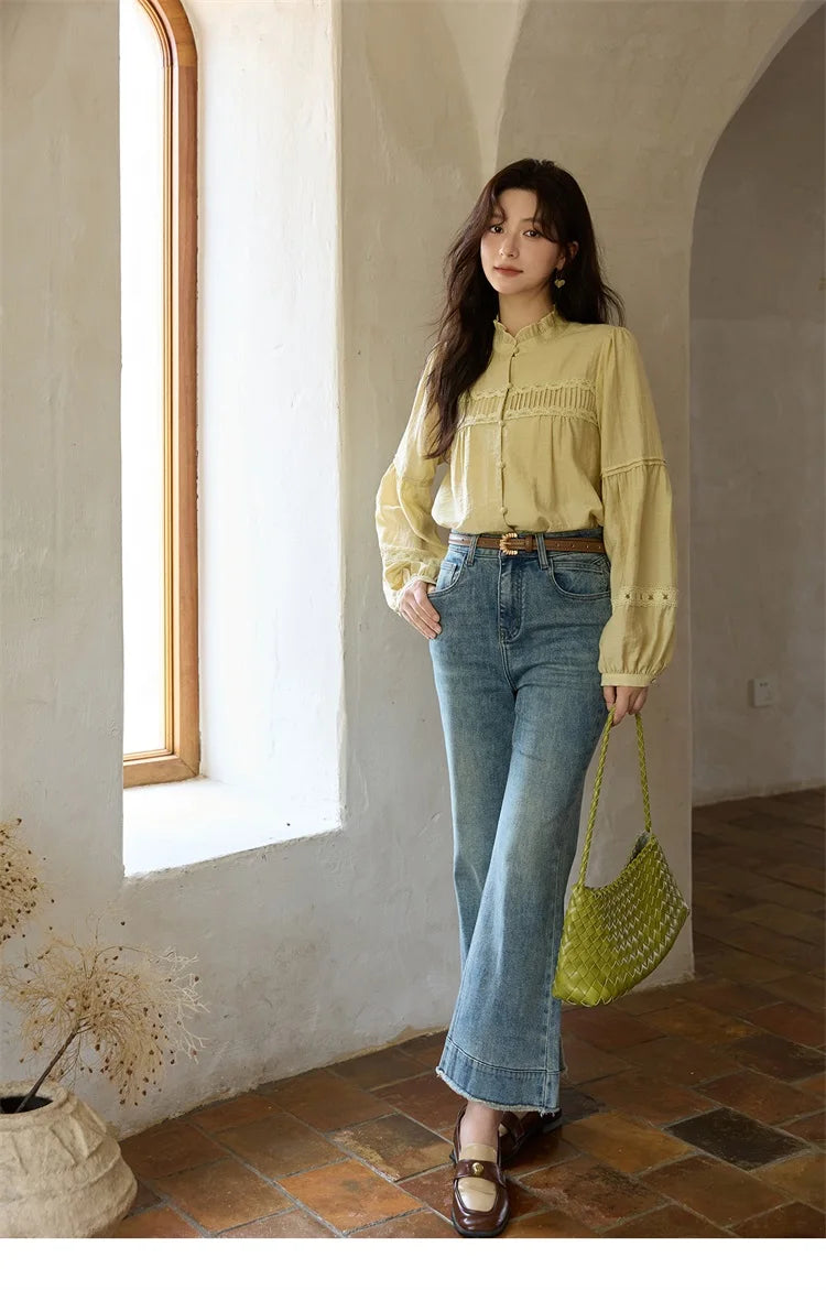 MISHOW Light Yellow Linen Solid Shirt 2025 Autumn Splicing Lace Hollow Sleeves Shirts Stand Collar Top Office Lady MXE42X1976