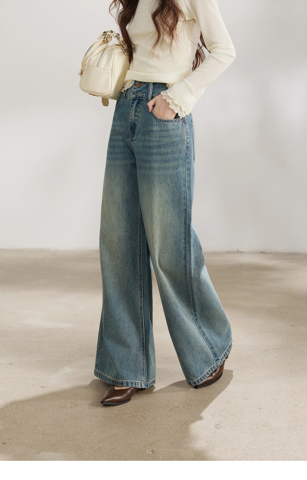 MISHOW Women's Vintage Blue Wide Leg Jeans Spring High Waist Cotton Pants Two-button Loose Casual Denim Trousers MXF108K1005