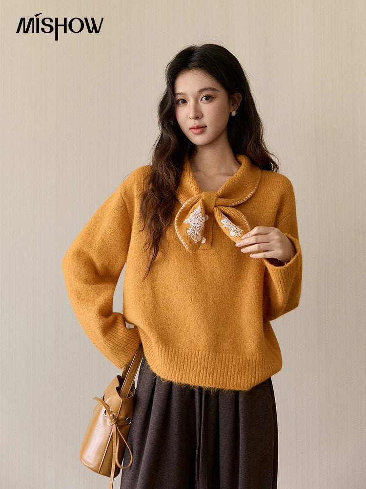MISHOW Women's Yellow Knitted Sweater 2025 Autumn Winter Bow Collar Splicing Lace Tops Loose Warm Pullover Sweaters MXE94Z2971