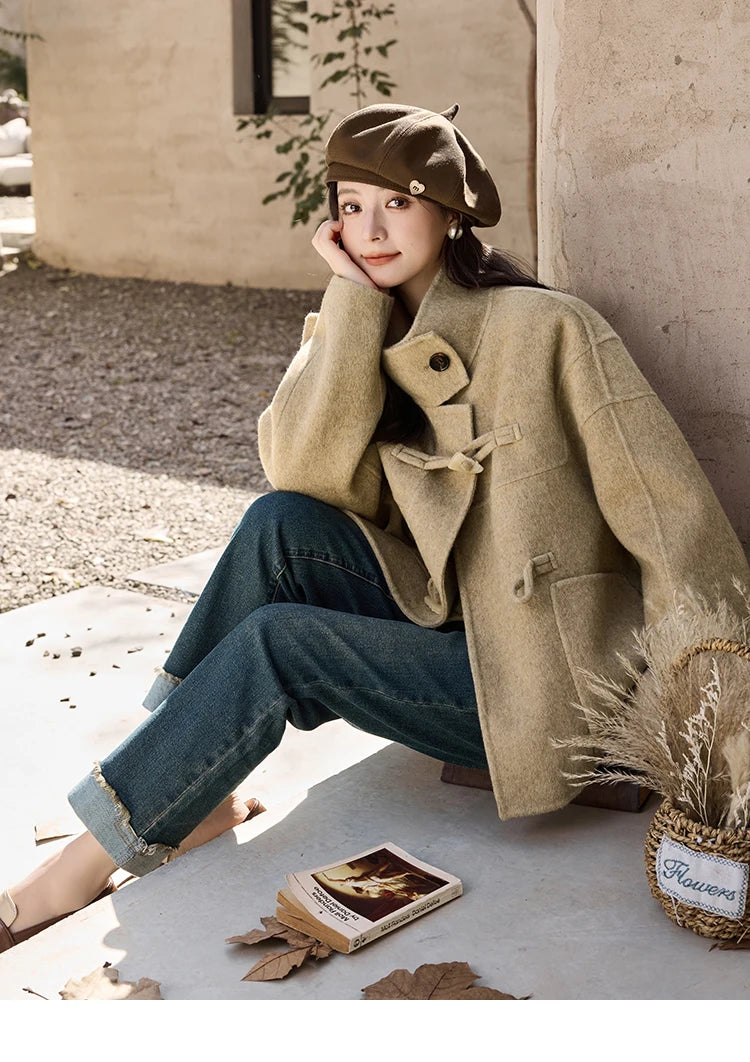 MISHOW Reversible Wool Velvet Coat Cow Horn Button Lapel Coat 2024 Winter Fashion Luxury Senior Korean Tweed Jacket MXD44W0446