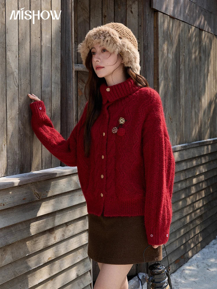 MISHOW Women's Red Knitted Cardigan Autumn Winter Cable Knitted Stand Collar Single-breasted Warm Loose Outerwear MXE92Z2827