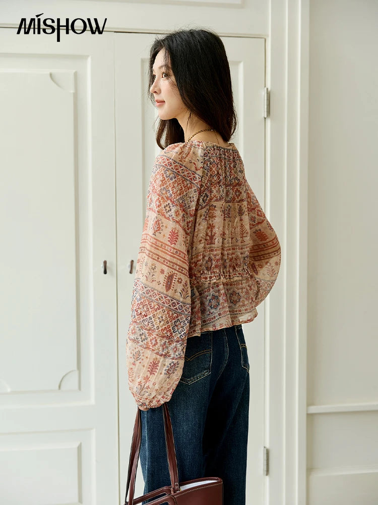 MISHOW Blouse Women 2025 National Style Printed Waist Round Neck Long-sleeved Top Commute Comfortable Autumn Blouse MXE47X2508
