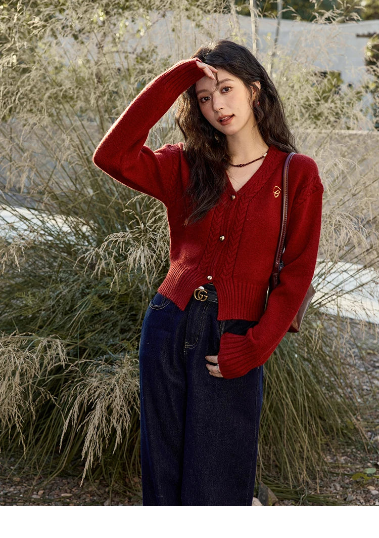 MISHOW Elegant V-neck Sweater Women's Long-sleeved Knitted Jacket 2025 Fall Winter New Korean Vintage Short Cardigan MXD48Z0848