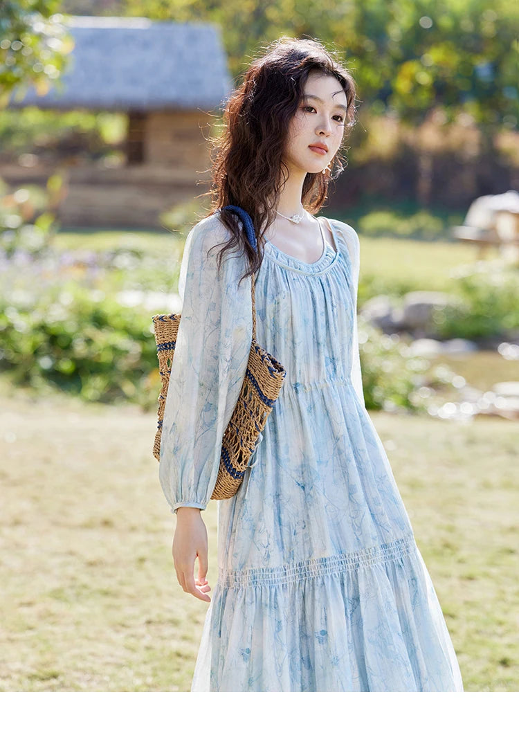 MISHOW Printed Blue Blending Chiffon Vacation Dress Spring 2025 Drawstring Waist Long Dress Lantern Sleeve Dresses MXE16L2114