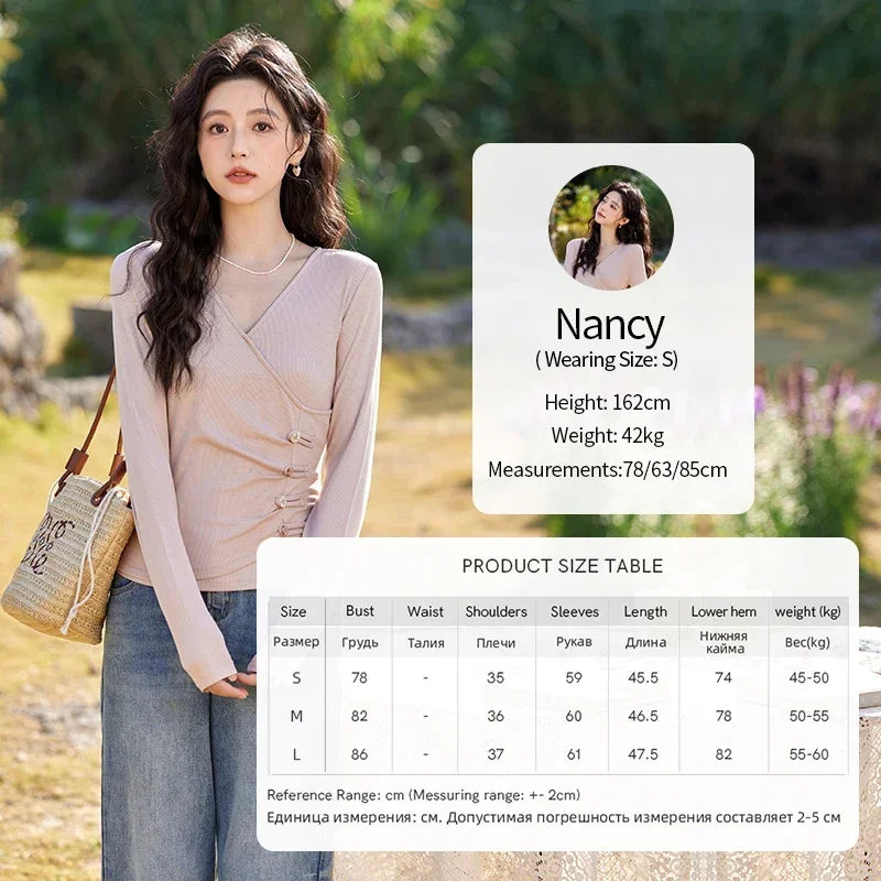 MISHOW Knitted Sweater Solid Color V-neck Long Sleeved Women Spring Summer New Fashion Elastic Slim Tshirt Tops Sweet MXE11Z1076