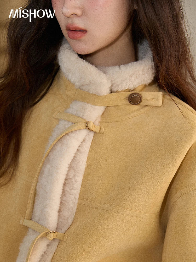 MISHOW  Woman Yellow Jackets 2025 Winter Suede Fur Collar Short Coat Luxury Comfortable Single-breasted Commuter Coat MXE89W0897