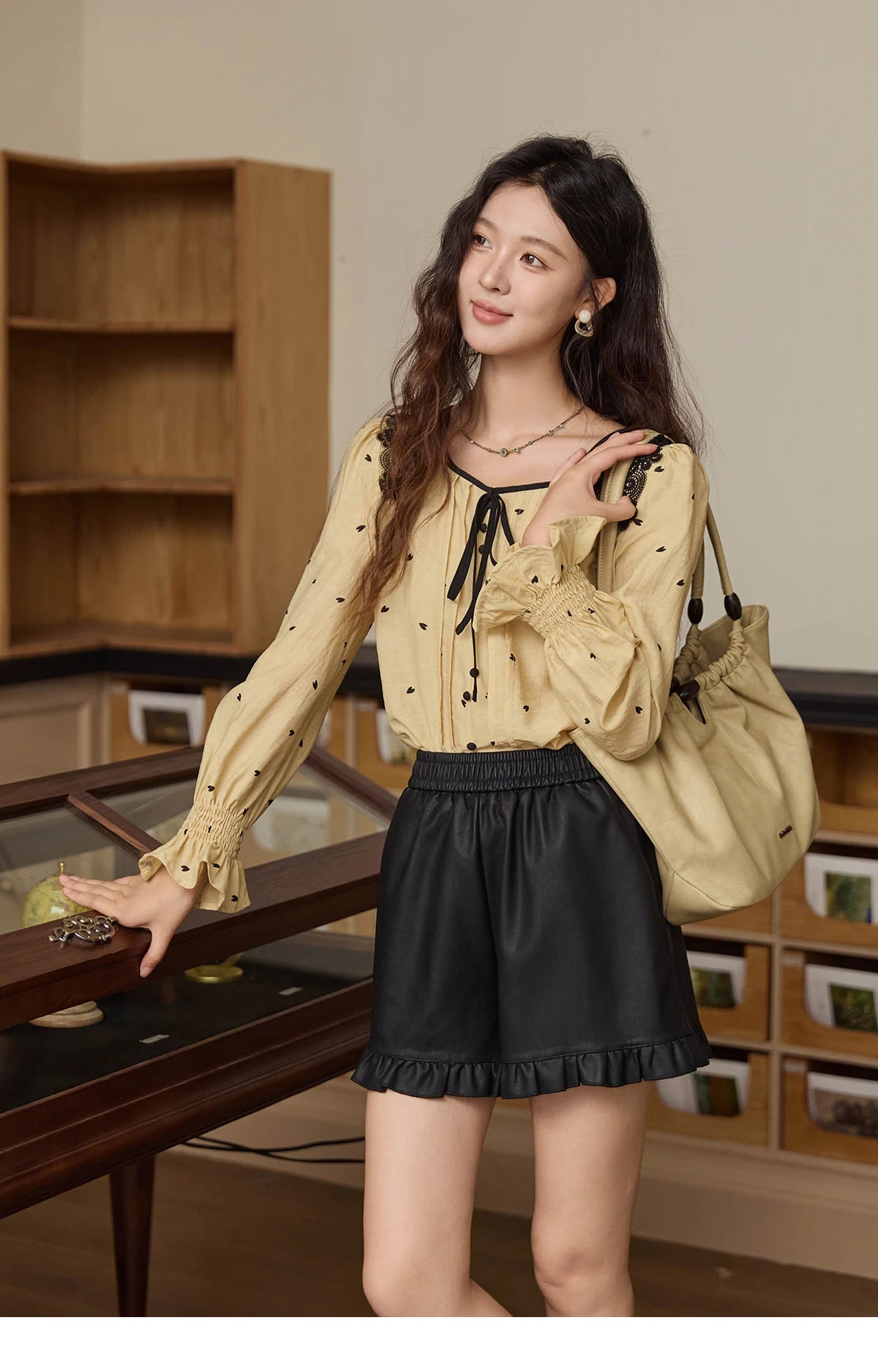 MISHOW Women's Yellow Heart Printed Shirt Autumn Lace Hollowed Out Collar Bubble Sleeve Top Lace-up Commuter Shirts MXE41X1949