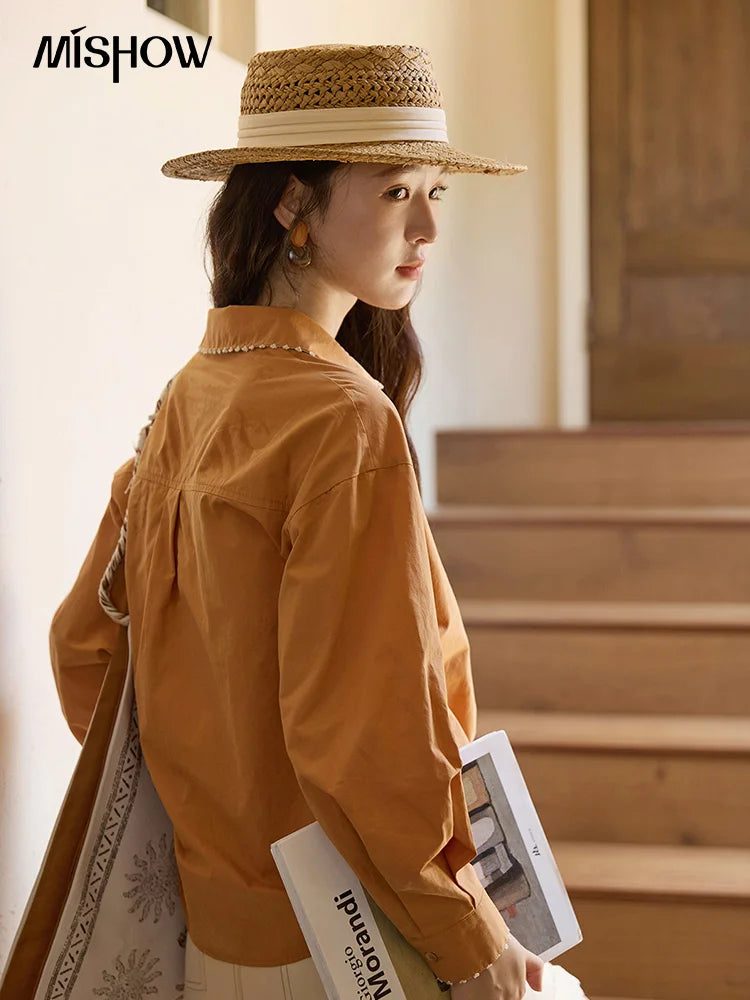 MISHOW Women's 100% Cotton Shirt 2025 Autumn Korean Lapel V-neck Single Breasted Tops Lace Trim Shirts Office Lady MXE43C2377