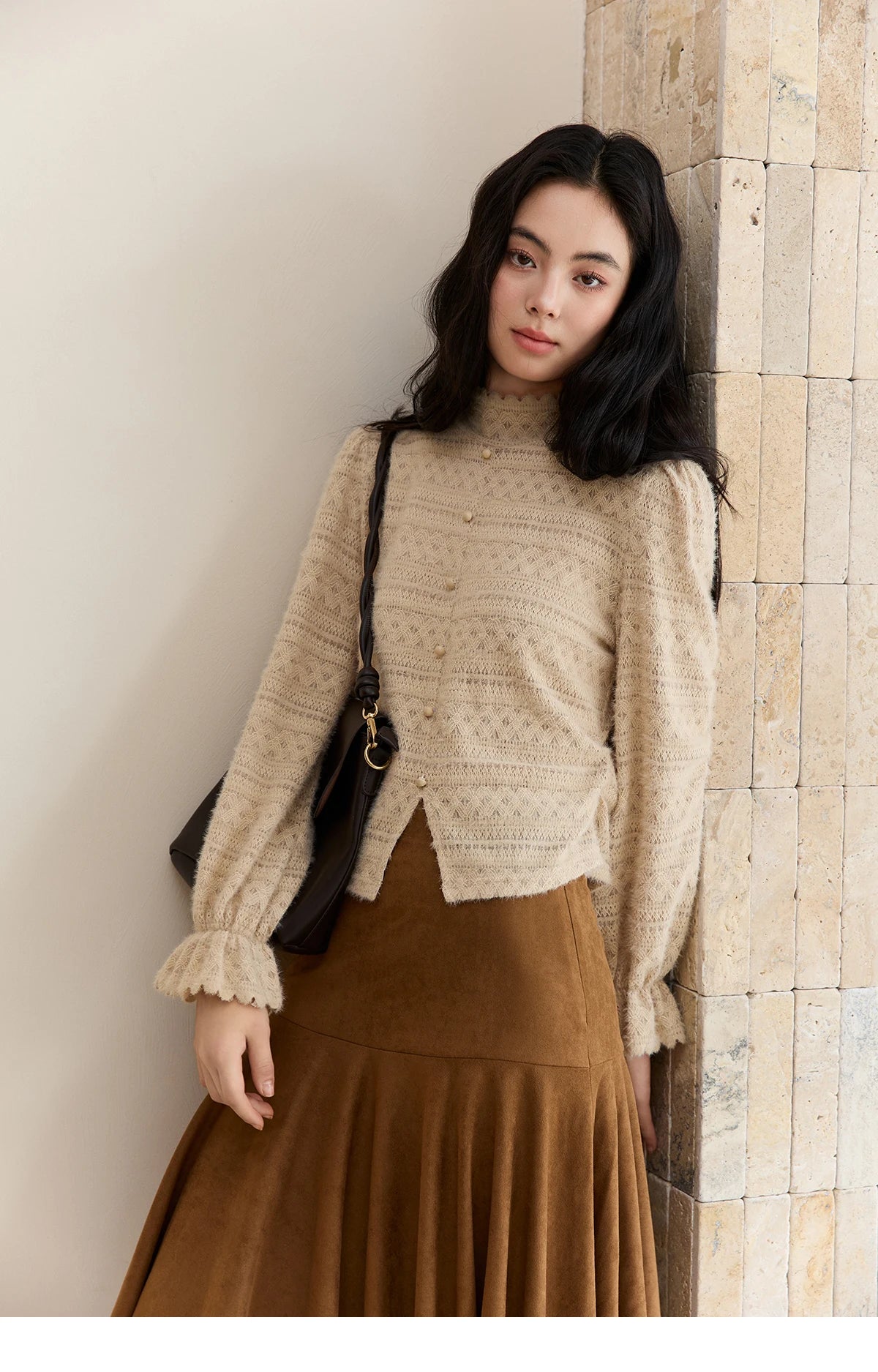 MISHOW Women's Casual Shirt 2025 Autumn Design Sense Elegant Lace Shirt New Half-high Collar Waist Slit Slim Tops MXE48X2501