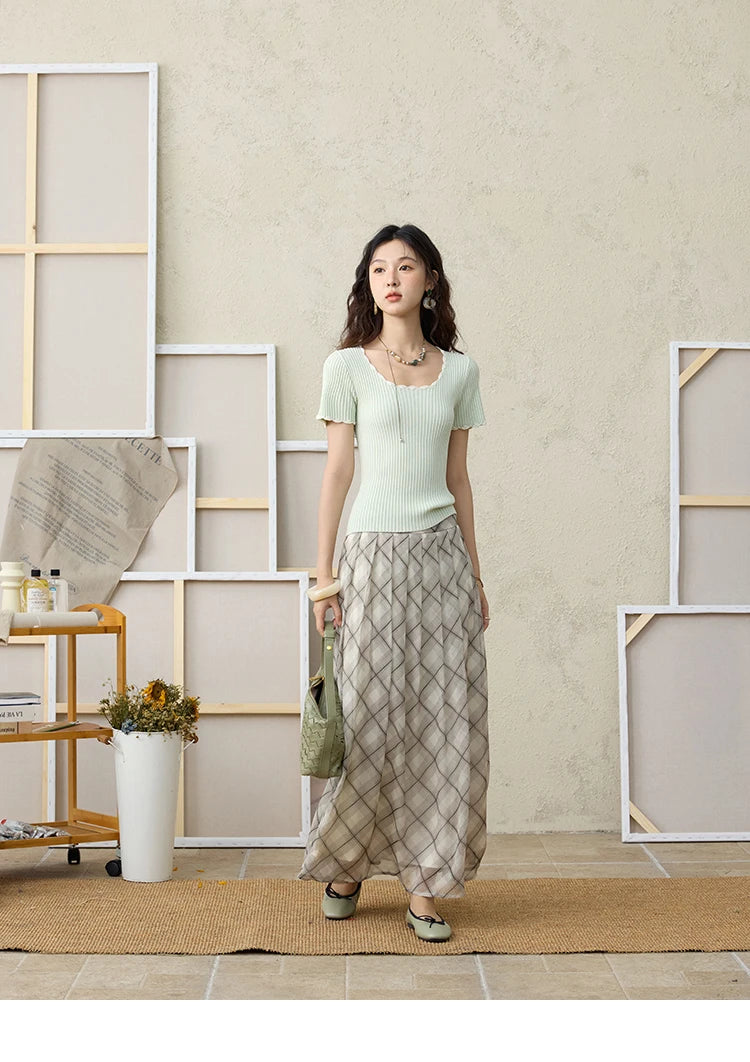 MISHOW Apricot Green Retro Plaid Skirt for Women Summer 2025 Pleated Chiffon High Waist Elegant Slim A-line Skirts MXE35B0747