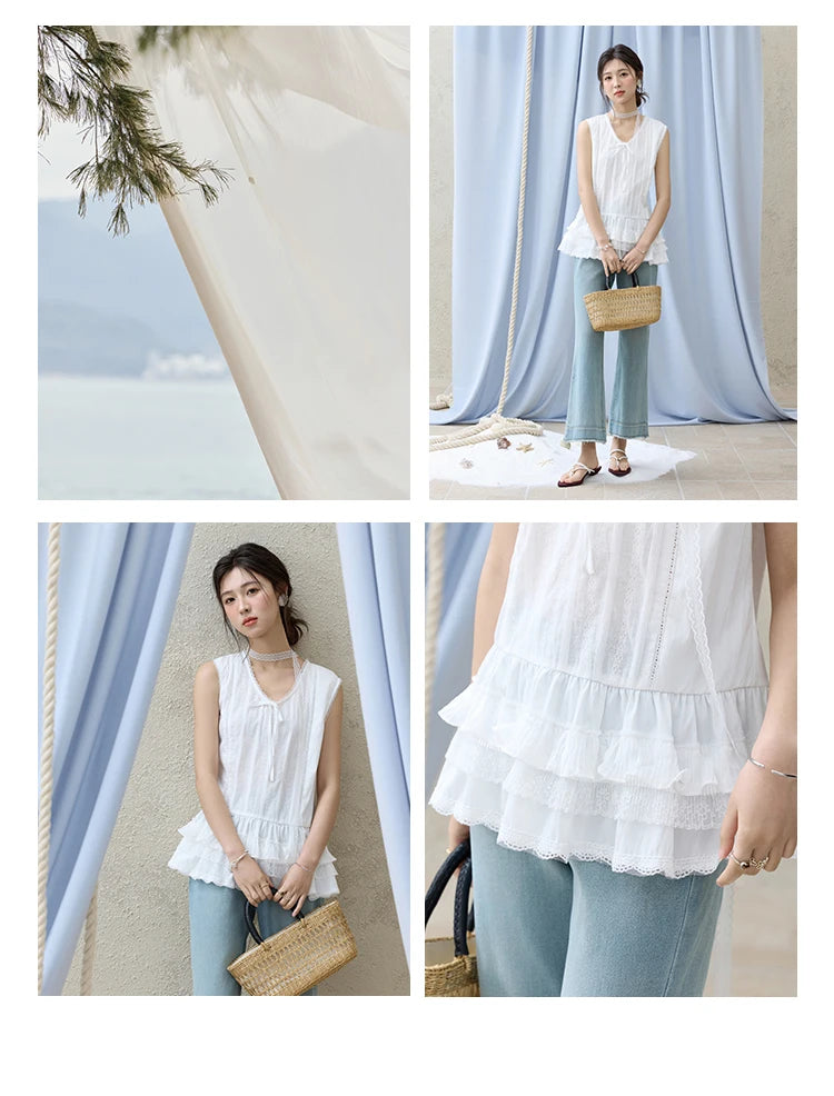 MISHOW Versatile Summer Vest Women 2025 New Solid V-neck Lace Cake Hem Sleeveless Vests Female Fashion Straight Tops MXE31X1779