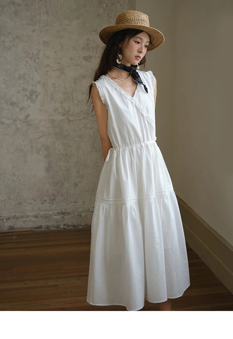 MISHOW Sleeveless Dress for Women Summer 2025 Drawstring Waist Simple Fashion Lace V-neck Dresses Female Clothing MXE37L2331