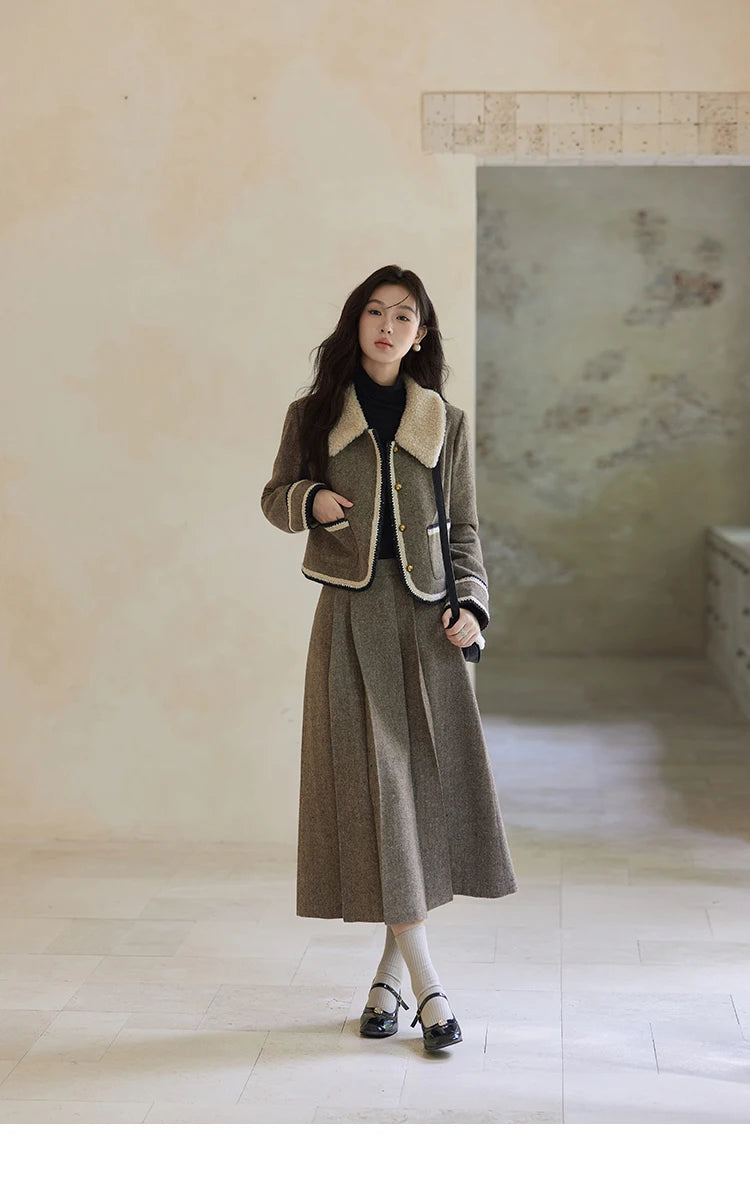 MISHOW Vintage Midi Skirts Coat Seprately Women 2024 Winter Turn Down Collar Plaid Tweed Jacket A-Line Pleated Skirt MXD56W0569