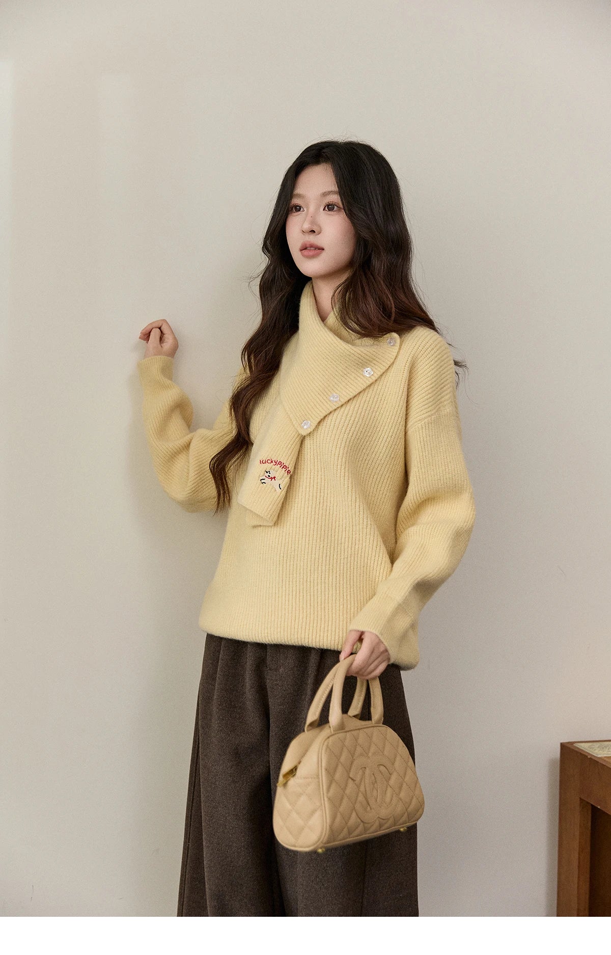 MISHOW Women's Yellow Sweater with Detachable Scarf 2025 Autumn Winter Loose Casual Warm Thickened Knit Pullover MXE93Z2953