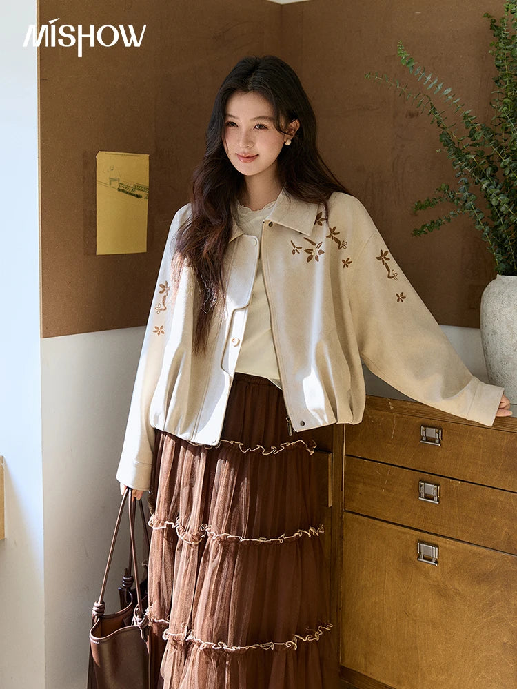 MISHOW Women's Imitation Suede Jacket2026 Spring Floral Embroidery Lapel Zipper Coats Long Sleeve Casual Outerwear MXF11W1027