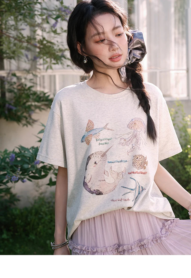 MISHOW Fashion Print T-shirts for women 2025 Summer New O-Neck Loose Casual Short Sleeve Cotton Top Female Clothing MXE36T0575