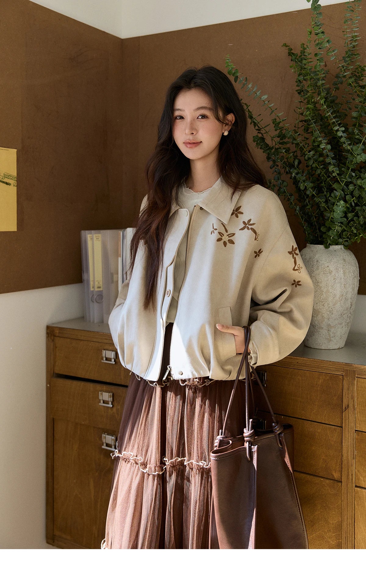 MISHOW Women's Imitation Suede Jacket2026 Spring Floral Embroidery Lapel Zipper Coats Long Sleeve Casual Outerwear MXF11W1027