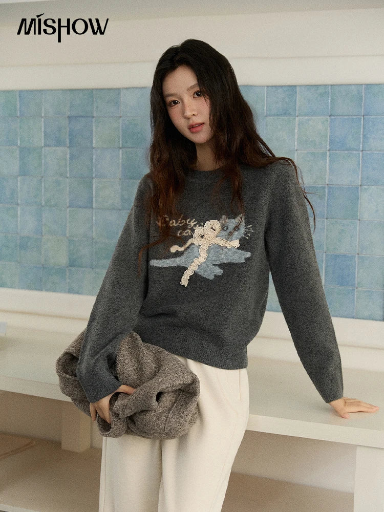 MISHOW Cat Jacquard Pullovers for Woman 2025 Winter Lazy Style Round Neck Three-dimensional Bow Loose Knit Sweater MXE86Z2750
