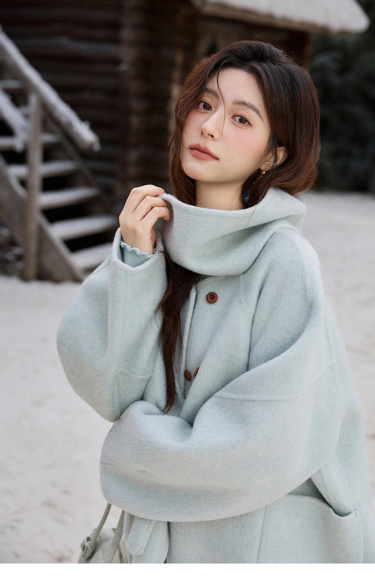 MISHOW 100% Wool Mint Green Double-sided Woolen Coats for Women Winter 2025 Warm Loose Coat with 2-in-1 Scarf Gloves MXE92W1014