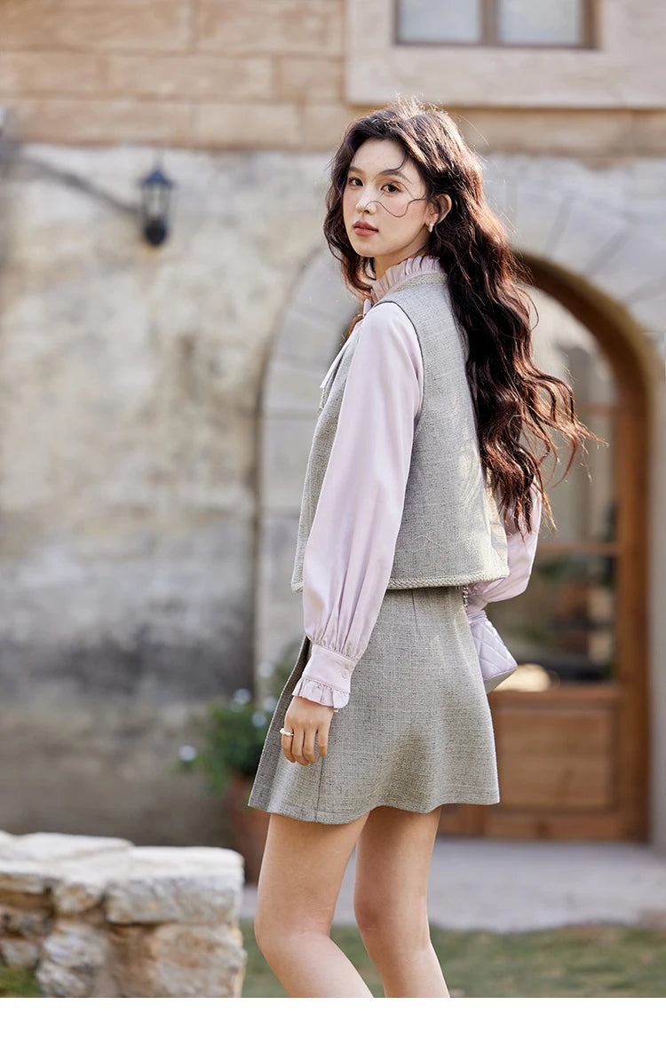 MISHOW Korean Woolen Texture Vest Short Skirt Separately Spring Outfit V-neck Vest Coats Slim A-line Pleated Skirts MXE13W0708