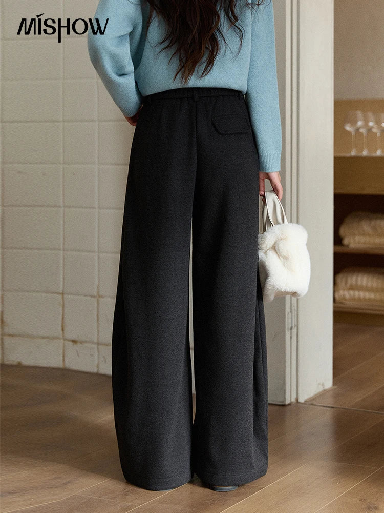 MISHOW Women's Gray Woolen Blend Wide-Leg Pants Winter High Waist Draped Straight Thick Back Elastic Waist Trousers MXE93K1143
