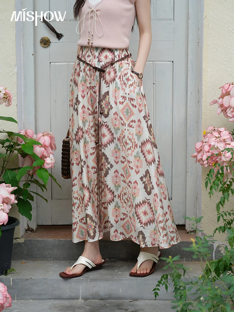 MISHOW Women's Geometric Print Half Skirt 2025 Summer Retro Prairie Chic Pocket Vacation A-line Skirt Female Clothing MXE37B0760