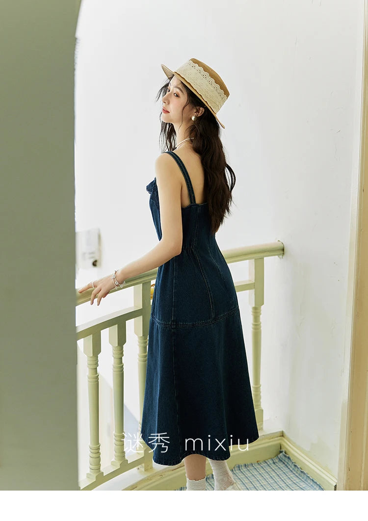 MISHOW Denim Camisole Dress Hollowed Out Cardigan Separately Spring Knitted Cardigan Lace Edge Waist Dress(Not A Set) MXE13L2094