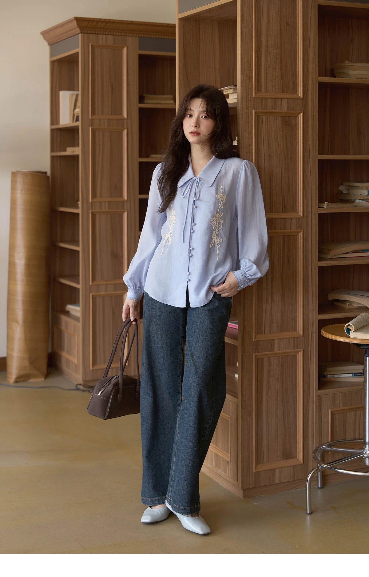 MISHOW Women's 100% Lyocell T-Shirt 2025 Autumn Flower Embroidered Tops Puff Sleeves Lapel Lace-up Shirts Office Lady MXE42C2371