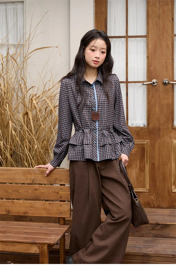 MISHOW Retro Blue Plaid Shirt for Women 2025 Autumn Winter Lapel Lantern Sleeves Ruffled Hem Top Slim Casual Shirt MXE89C2420
