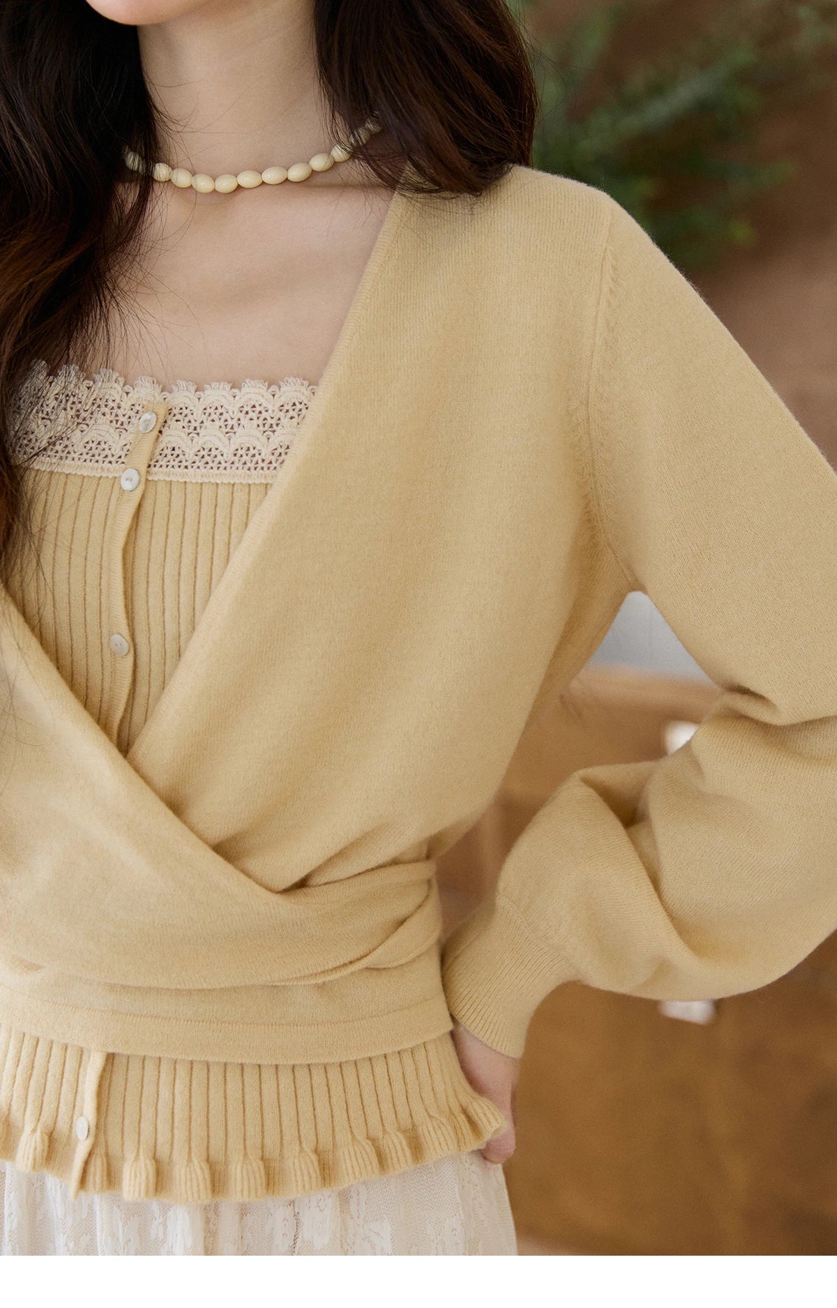 MISHOW Women's Yellow Two-Piece Set 2026 Spring Ruffled Hem Camisole Lace Trim Knitted Cardigan Casual Slim Outfit MXF11T1472