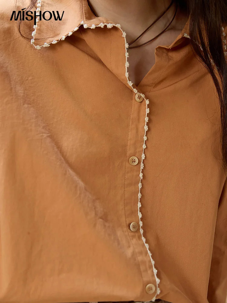 MISHOW Women's 100% Cotton Shirt 2025 Autumn Korean Lapel V-neck Single Breasted Tops Lace Trim Shirts Office Lady MXE43C2377