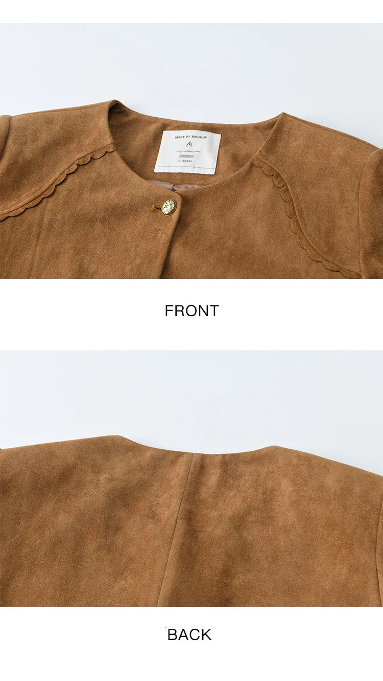 MISHOW Fragrant Suede Jacket for Women Autumn 2025 Cuffs Hollowed Out Lace Short Coats O-neck Metal Button Jackets MXE46W0839