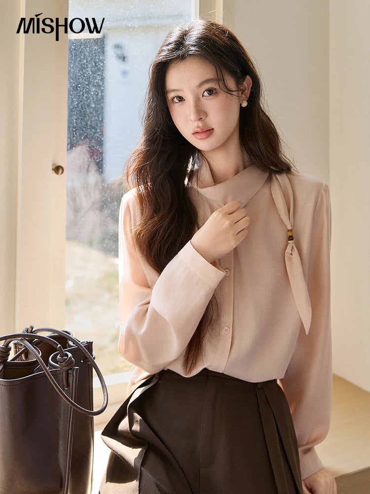 MISHOW Women's Nude Pink Shirt Spring Versatile Ribbon Stand Neck Shirts Button-Down Casual Commute Long Sleeve Top MXE11X2547