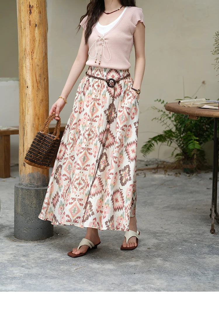 MISHOW Women's Geometric Print Half Skirt 2025 Summer Retro Prairie Chic Pocket Vacation A-line Skirt Female Clothing MXE37B0760