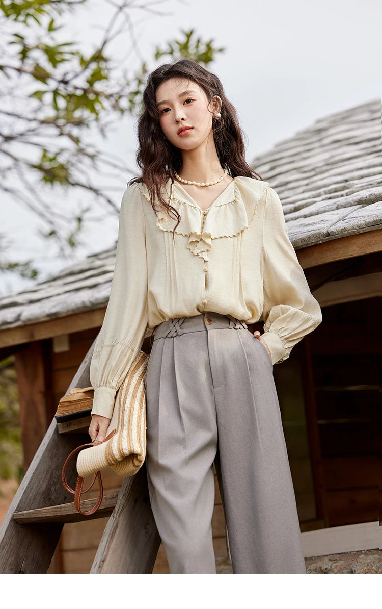 MISHOW Lotus Leaf Collar Shirt Bubble Sleeves Pink Shirt for Women Spring 2025 Sweet Chiffon Top Temperament Shirts MXE12X1702