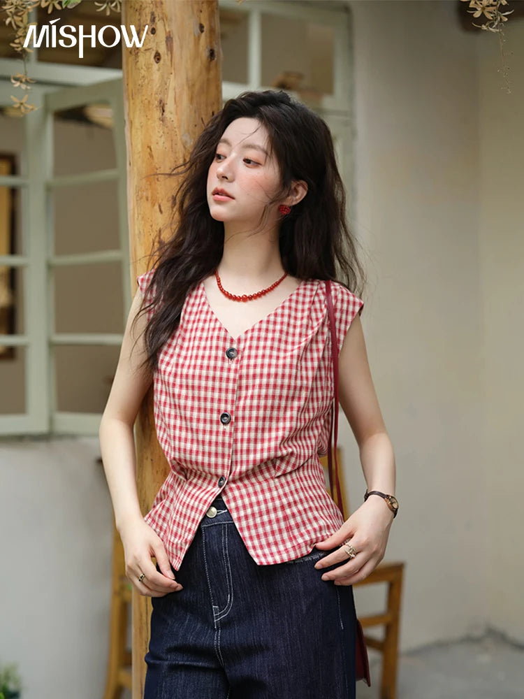 MISHOW Women's Fashion V-neck Shirt 2025 Summer New Plaid Ladies Red Button Shirt Casual Retro Top Female Clothing MXE37X1921